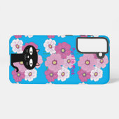 Black Cat Pink Floral Galaxy Case – Turquoise Samsung Galaxyケース (裏面横)