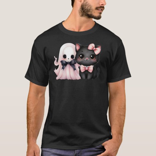 Black Cat Pink Ghost Halloween Pink Bows Coquette  Tシャツ (正面)