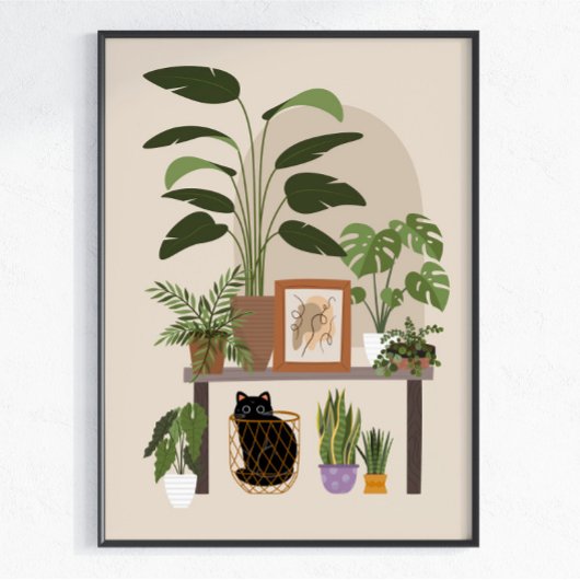 Black Cat Plant Lover Cozy Home Aesthetic Modern  ポスター