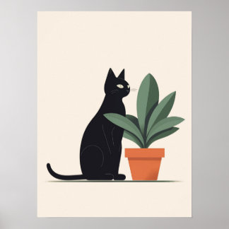 Black Cat Plant Wall Art Minimalist Cat Poster Mod ポスター