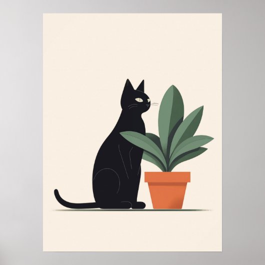 Black Cat Plant Wall Art Minimalist Cat Poster Mod ポスター (正面)