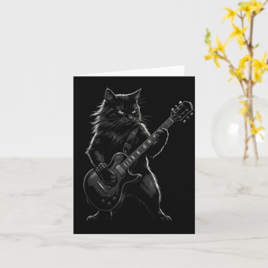 Black Cat Playing Electric Guitar Gothic Rocker  カード (黄色い花)