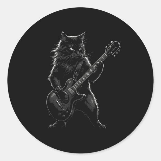 Black Cat Playing Electric Guitar Gothic Rocker  ラウンドシール (正面)