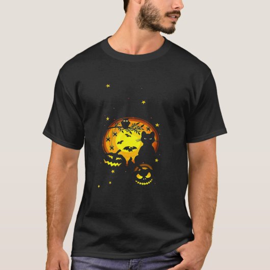 Black Cat Pumpkin And Owl Halloween Full Moon Cute Tシャツ (正面)