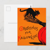 Black Cat Pumpkin & Broomstick Vintage Halloween  ポストカード (正面/裏面)