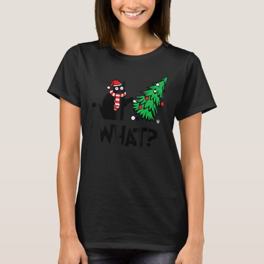 Black Cat Pushing Christmas Tree Over Cat What 2 Tシャツ (正面)