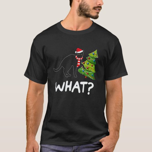 Black Cat Pushing Christmas Tree Over Cat What Tシャツ (正面)