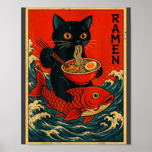 Black Cat Ramen Japanese Graphic Tees For Men Wome ポスター (正面)
