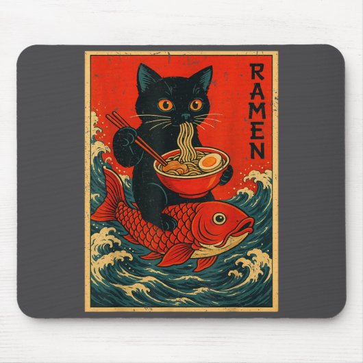 Black Cat Ramen Japanese Graphic Tees For Men Wome マウスパッド (正面)