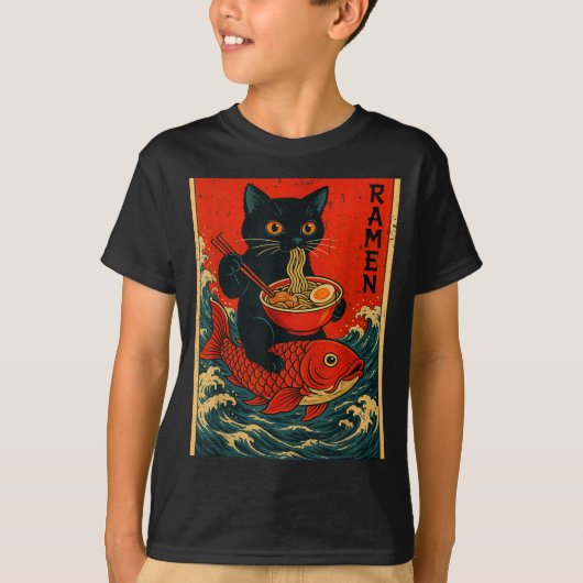 Black Cat Ramen Japanese Graphic Tees For Men Wome Tシャツ (正面)