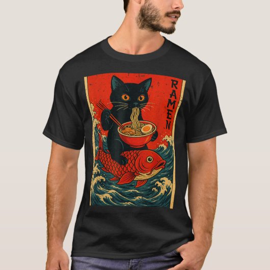 Black Cat Ramen Japanese Graphic Tees For Men Wome Tシャツ (正面)