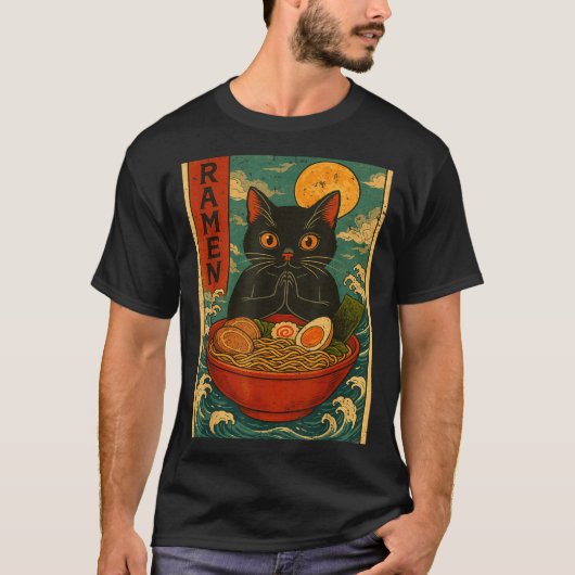 Black Cat Ramen Japanese Graphic Tees For Men Wome Tシャツ (正面)