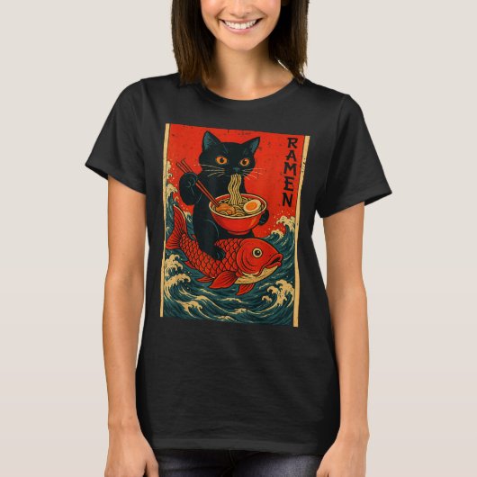 Black Cat Ramen Japanese Graphic Tees For Men Wome Tシャツ (正面)