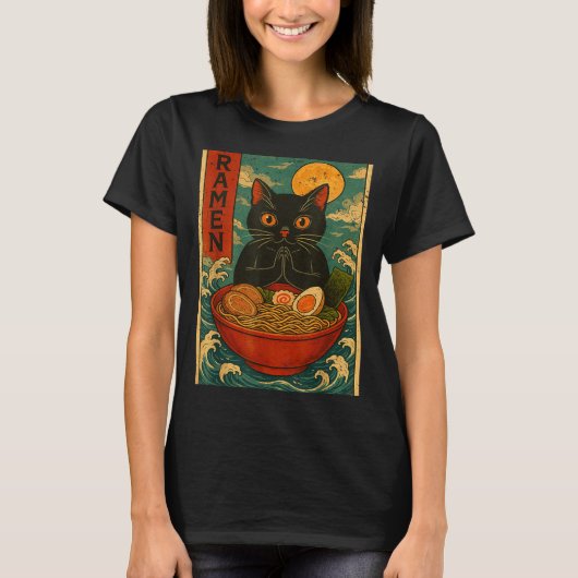 Black Cat Ramen Japanese Graphic Tees For Men Wome Tシャツ (正面)