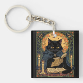 Black Cat Reading A Book Of Solstice Spells キーホルダー