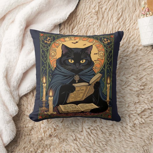 Black Cat Reading A Book Of Solstice Spells クッション (ブランケット)