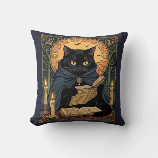 Black Cat Reading A Book Of Solstice Spells クッション (正面)