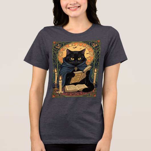Black Cat Reading A Book Of Solstice Spells トライブレンドTシャツ (正面)