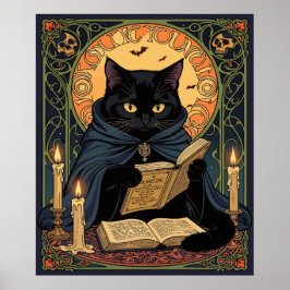 Black Cat Reading A Book Of Solstice Spells ポスター