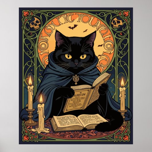 Black Cat Reading A Book Of Solstice Spells ポスター (正面)