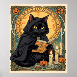 Black Cat Reading The Jack o lantern Journal ポスター