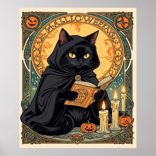 Black Cat Reading The Jack o lantern Journal ポスター (正面)