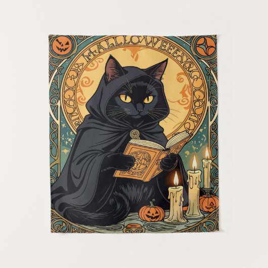 Black Cat Reading The Jack o'lantern Journal タペストリー (正面)