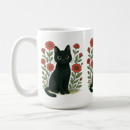 Black Cat & Red Flowers Mug コーヒーマグカップ