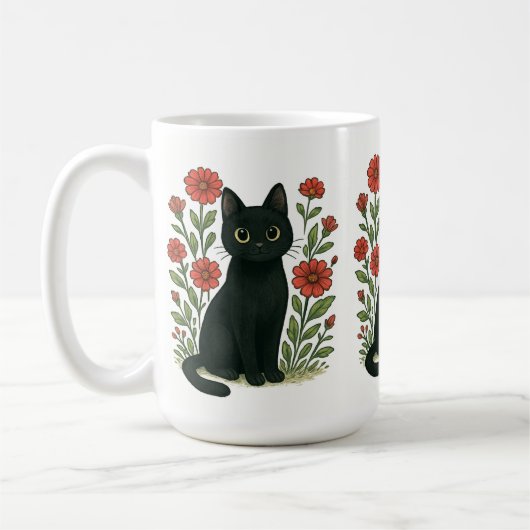 Black Cat & Red Flowers Mug コーヒーマグカップ (左)