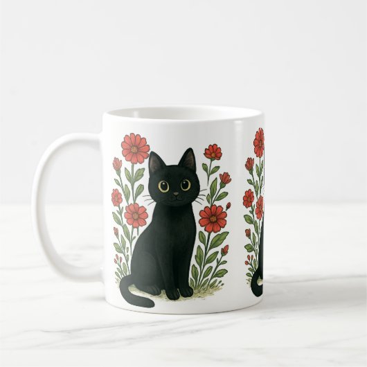 Black Cat & Red Flowers Mug コーヒーマグカップ (左)