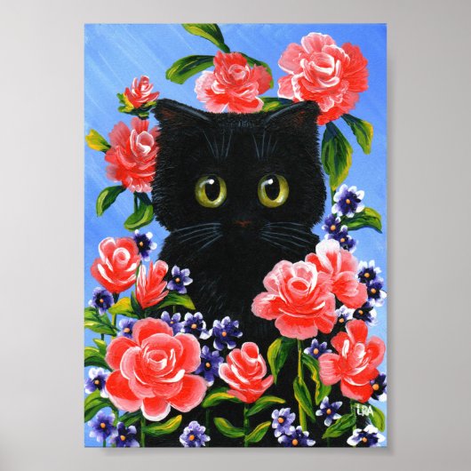Black Cat Red Roses Summer Creationarts ポスター (正面)