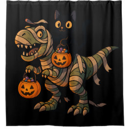 Black Cat Riding Mummy T-Rex – Cute Halloween Dino シャワーカーテン