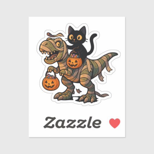 Black Cat Riding Mummy T-Rex – Cute Halloween Dino シール (シート)