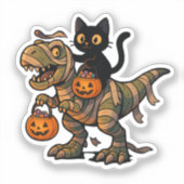 Black Cat Riding Mummy T-Rex – Cute Halloween Dino シール (正面)