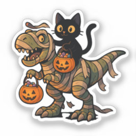 Black Cat Riding Mummy T-Rex – Cute Halloween Dino シール
