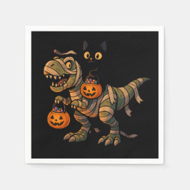 Black Cat Riding Mummy T-Rex – Cute Halloween Dino スタンダードカクテルナプキン