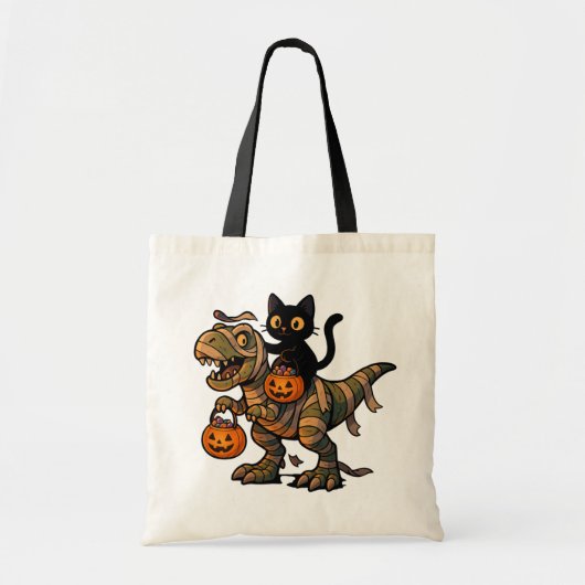Black Cat Riding Mummy T-Rex – Cute Halloween Dino トートバッグ (正面)
