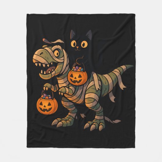 Black Cat Riding Mummy T-Rex – Cute Halloween Dino フリースブランケット (正面)