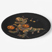 Black Cat Riding Mummy T-Rex – Cute Halloween Dino ペーパープレート (アングル)