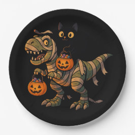 Black Cat Riding Mummy T-Rex – Cute Halloween Dino ペーパープレート