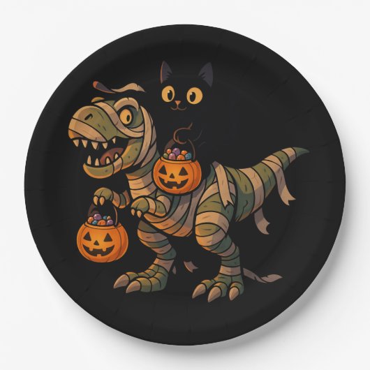 Black Cat Riding Mummy T-Rex – Cute Halloween Dino ペーパープレート (正面)