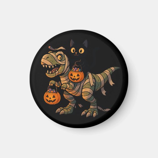 Black Cat Riding Mummy T-Rex – Cute Halloween Dino マグネット (正面)