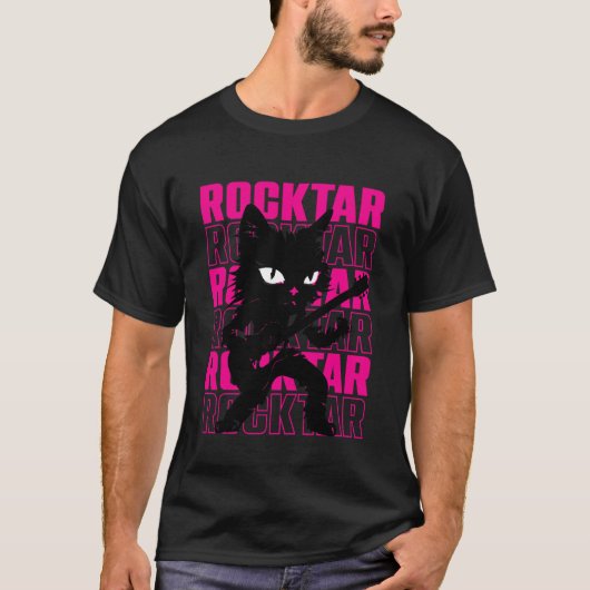 Black Cat Rockstar - Funny Cat Guitarist Guitar Mu Tシャツ (正面)