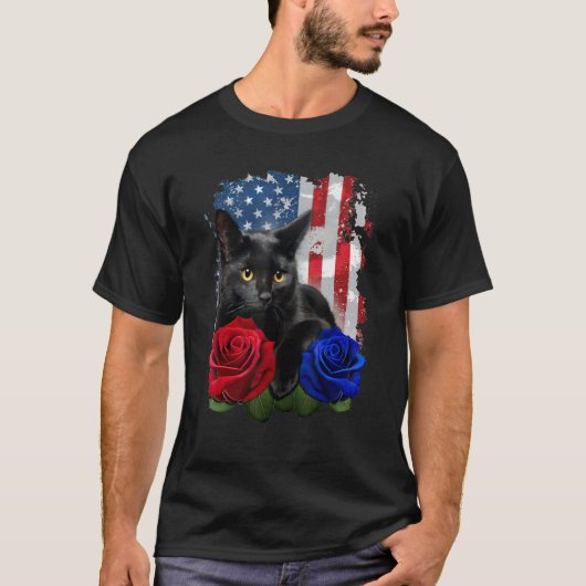 Black Cat Rose American Flag Happy 4th Of July Tシャツ (正面)