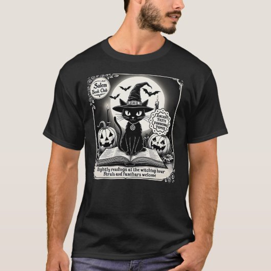 Black Cat Salem Witch Book Club Spooky Halloween B Tシャツ (正面)