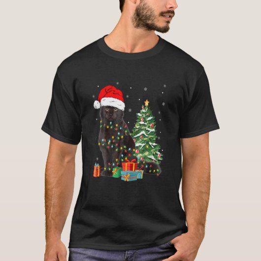Black Cat Santa Angled Up In Christmas Lights Xmas Tシャツ (正面)