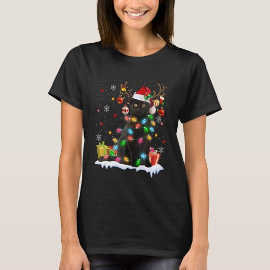 Black Cat Santa Hat Reindeer Christmas Lights Cat  Tシャツ (正面)