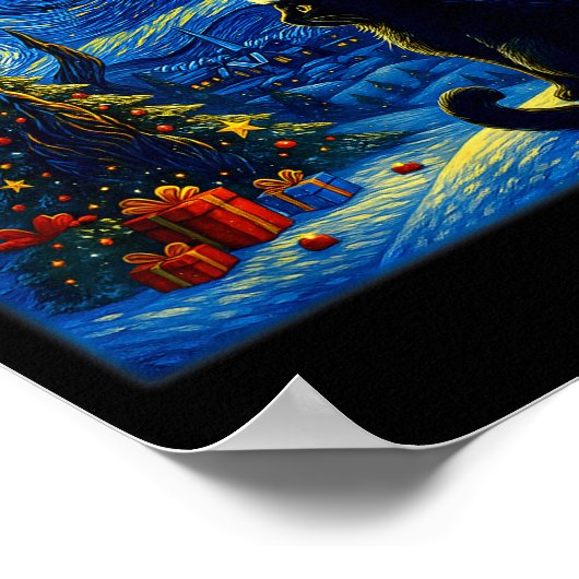 Black Cat Santa Hat Van Gogh Starry Night Christma ポスター (角)