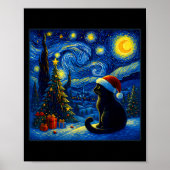 Black Cat Santa Hat Van Gogh Starry Night Christma ポスター (正面)