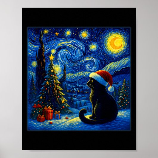 Black Cat Santa Hat Van Gogh Starry Night Christma ポスター (正面)